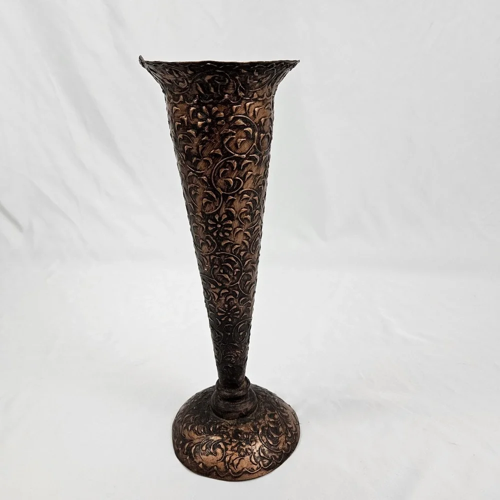 Embossed Copper Trumpet Pedestal Vase Arts & Crafts Boho Whimsical